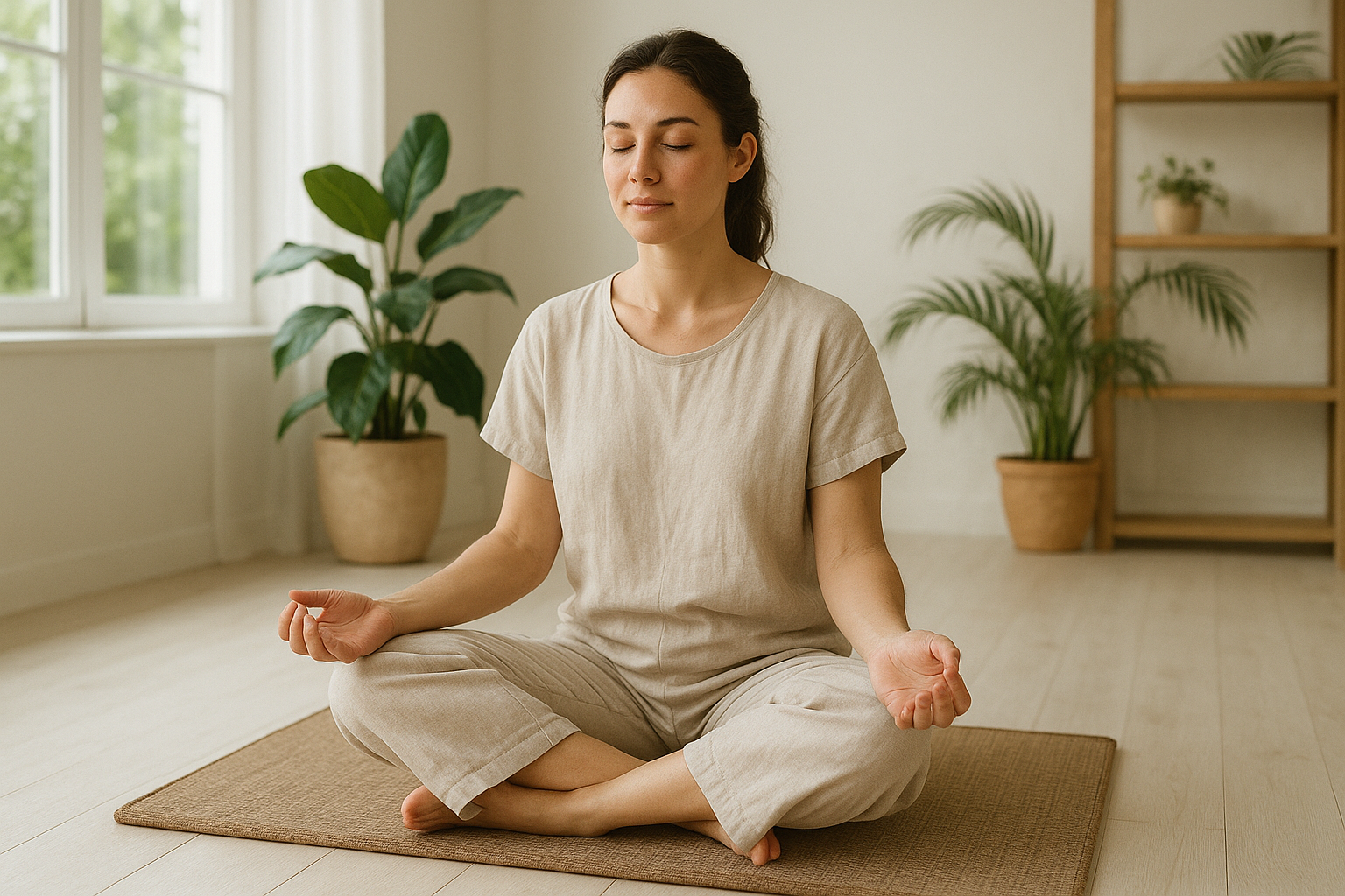 Kan du generera en wellnessbild där en kvinna sitter på en grounding mat? gör den väldigt realitisk.